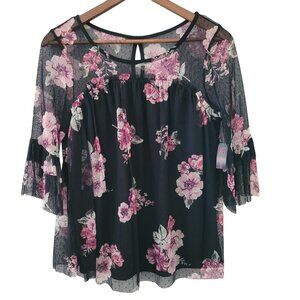 No Boundaries Mesh Floral Blouse Juniors Size M (7-9) Black Pink Whimsigoth NWT